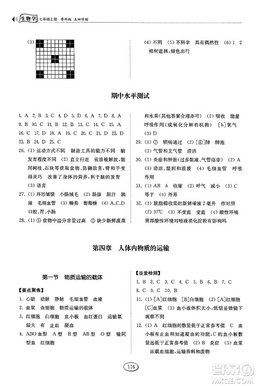 山东科学技术出版社2024秋初中同步练习册七年级生物上册鲁科版五四制答案