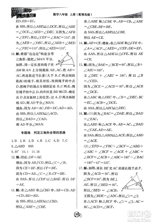 北京教育出版社2024秋初中同步练习册八年级数学上册青岛版答案