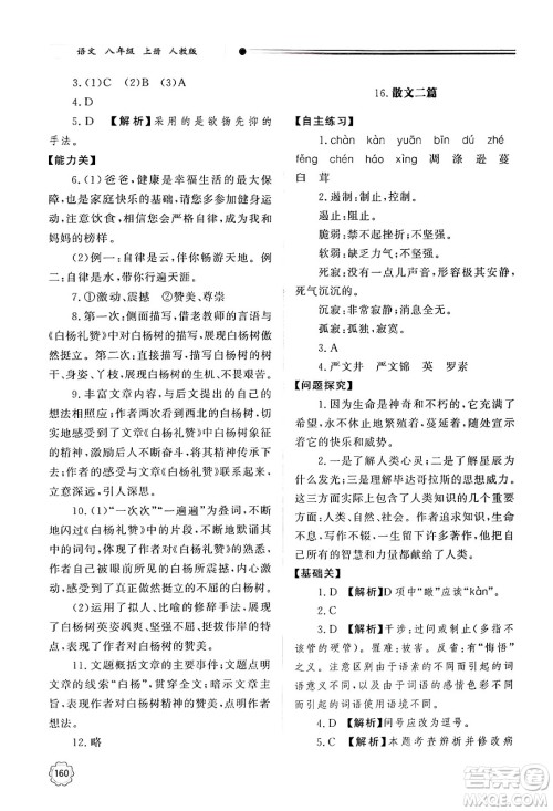 明天出版社2024秋初中同步练习册八年级语文上册人教版山东专版答案