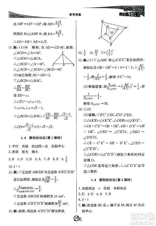 北京教育出版社2024秋初中同步练习册九年级数学上册青岛版答案