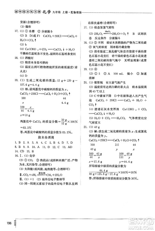 山东教育出版社2024秋初中同步练习册九年级化学上册鲁教版答案