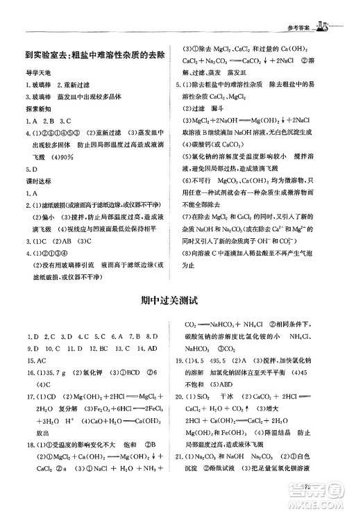 明天出版社2024秋初中同步练习册九年级化学上册鲁教版五四制答案