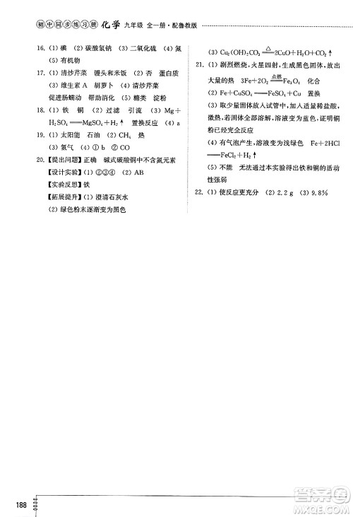 山东教育出版社2024秋初中同步练习册九年级化学上册鲁教版五四制答案