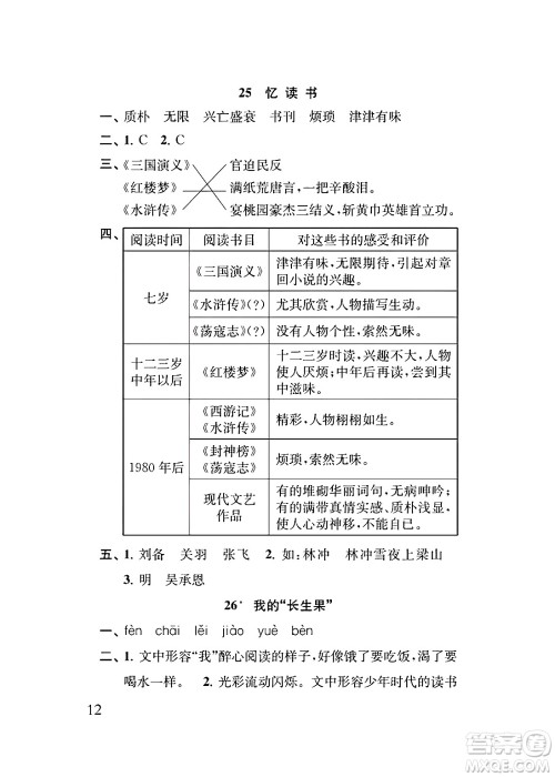 江苏凤凰教育出版社2024年秋小学语文补充习题五年级语文上册人教版答案