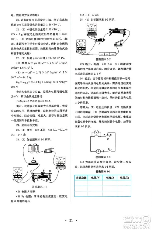 人民教育出版社2024年秋人教金学典同步练习册同步解析与测评九年级物理上册人教版答案