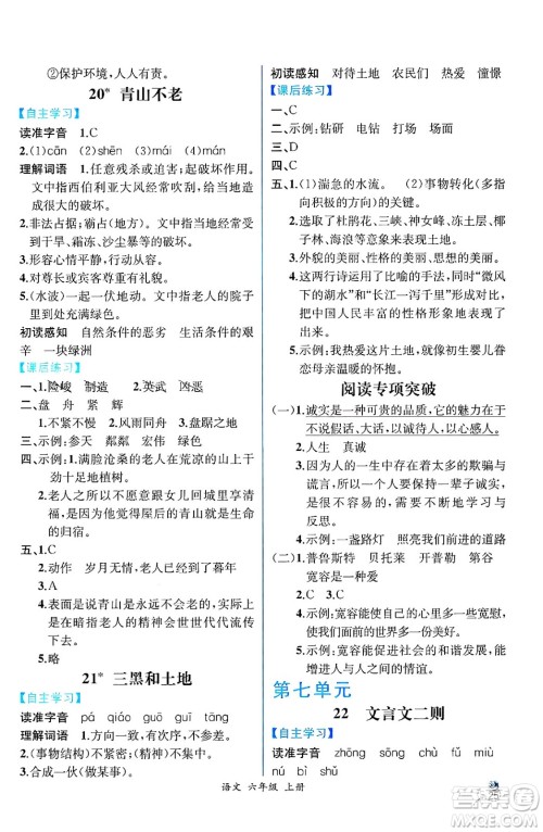 人民教育出版社2024年秋人教金学典同步练习册同步解析与测评六年级语文上册人教版云南专版答案