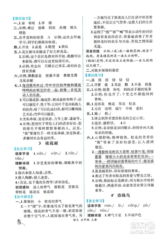 人民教育出版社2024年秋人教金学典同步练习册同步解析与测评五年级语文上册人教版云南专版答案