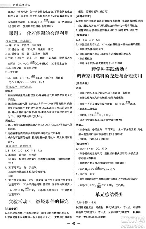 安徽教育出版社2024年秋新编基础训练九年级化学上册人教版答案