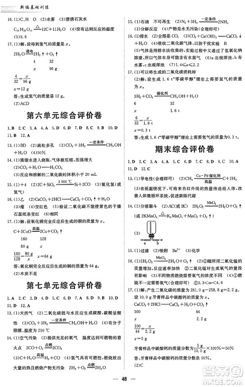 安徽教育出版社2024年秋新编基础训练九年级化学上册人教版答案