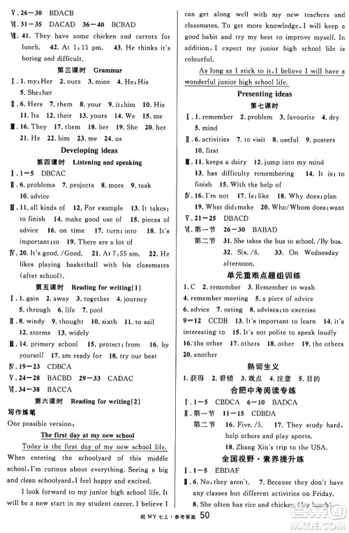 安徽师范大学出版社2024年秋名校课堂七年级英语上册人教版合肥专版答案