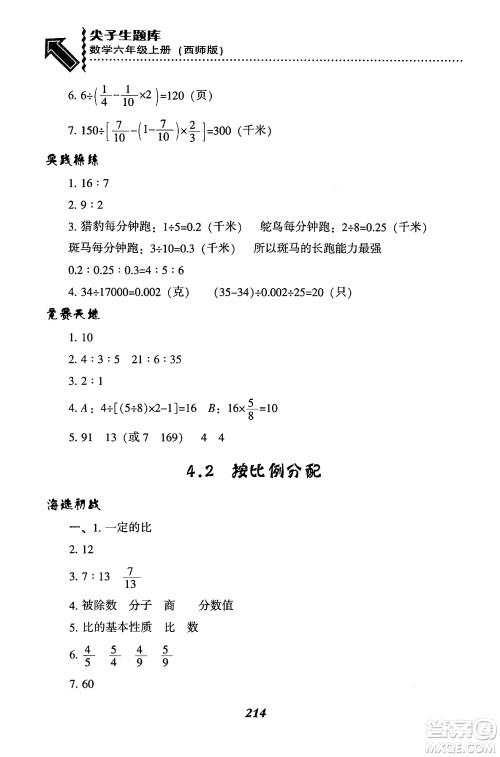 辽宁教育出版社2024年秋尖子生题库六年级数学上册西师版答案