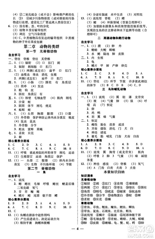 广东教育出版社2024年秋南粤学典学考精练七年级生物上册人教版答案