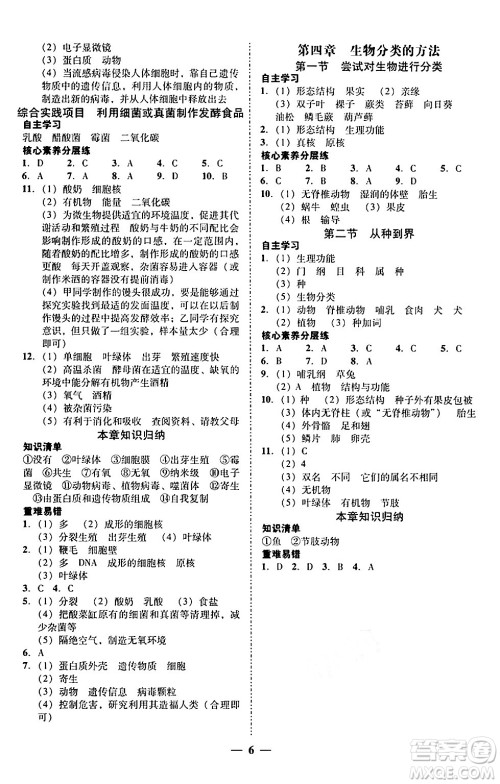 广东教育出版社2024年秋南粤学典学考精练七年级生物上册人教版答案