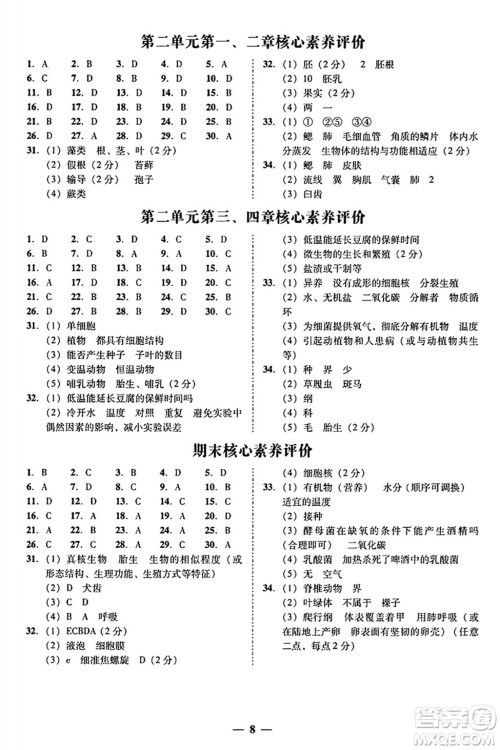 广东教育出版社2024年秋南粤学典学考精练七年级生物上册人教版答案