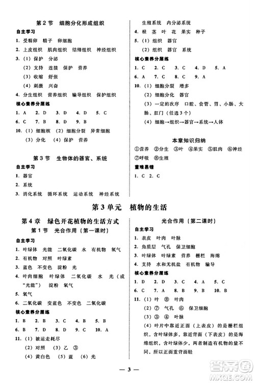 广东教育出版社2024年秋南粤学典学考精练七年级生物上册北师大版答案