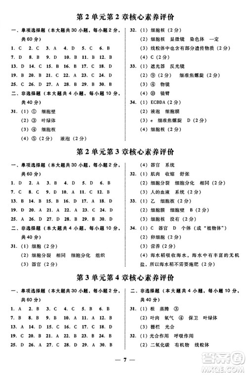 广东教育出版社2024年秋南粤学典学考精练七年级生物上册北师大版答案