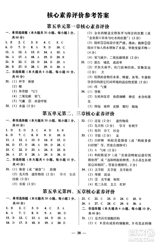 广东教育出版社2024年秋南粤学典学考精练八年级生物上册人教版答案