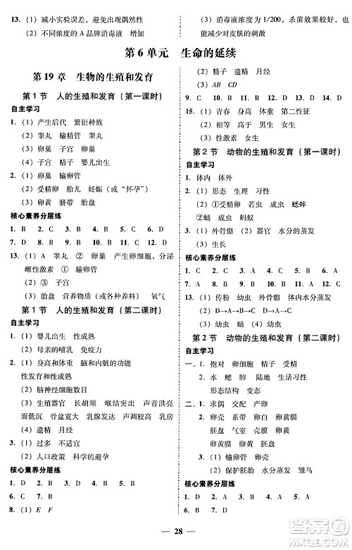 广东教育出版社2024年秋南粤学典学考精练八年级生物上册北师大版答案