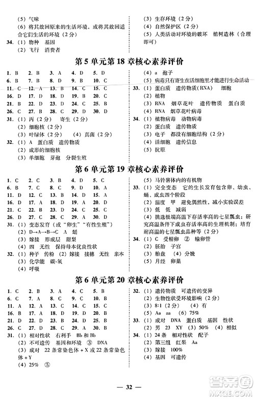 广东教育出版社2024年秋南粤学典学考精练八年级生物上册北师大版答案