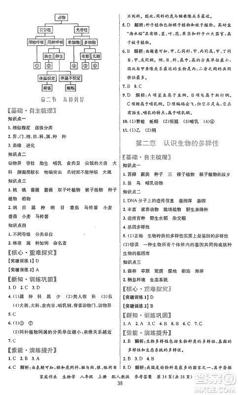 贵州教育出版社2024年秋家庭作业八年级生物上册人教版答案