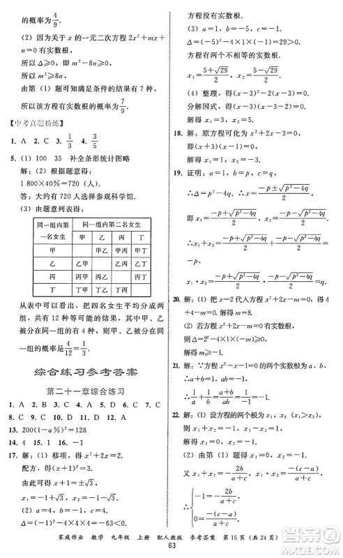 贵州教育出版社2024年秋家庭作业九年级数学上册人教版答案