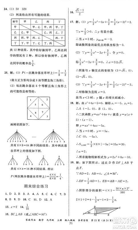 贵州教育出版社2024年秋家庭作业九年级数学上册人教版答案