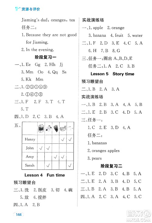 黑龙江教育出版社2024年秋资源与评价三年级英语上册精通人教版答案