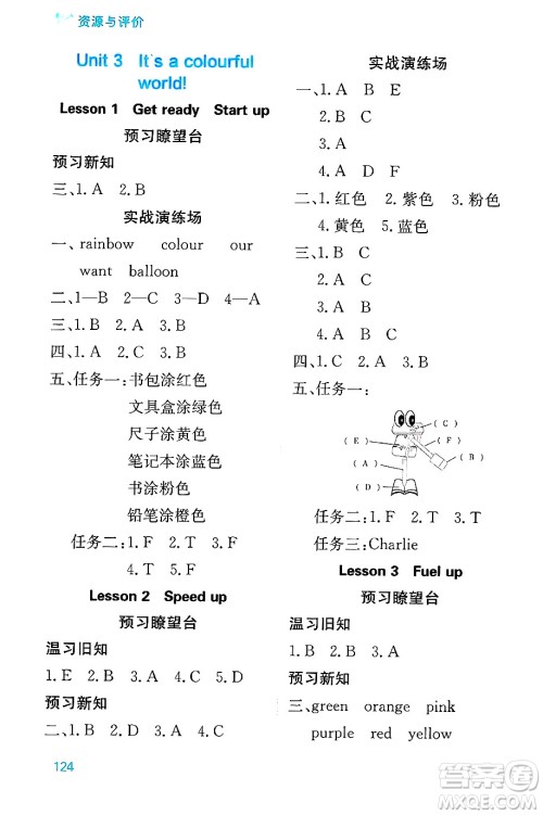 黑龙江教育出版社2024年秋资源与评价三年级英语上册外研版B版黑龙江专版答案