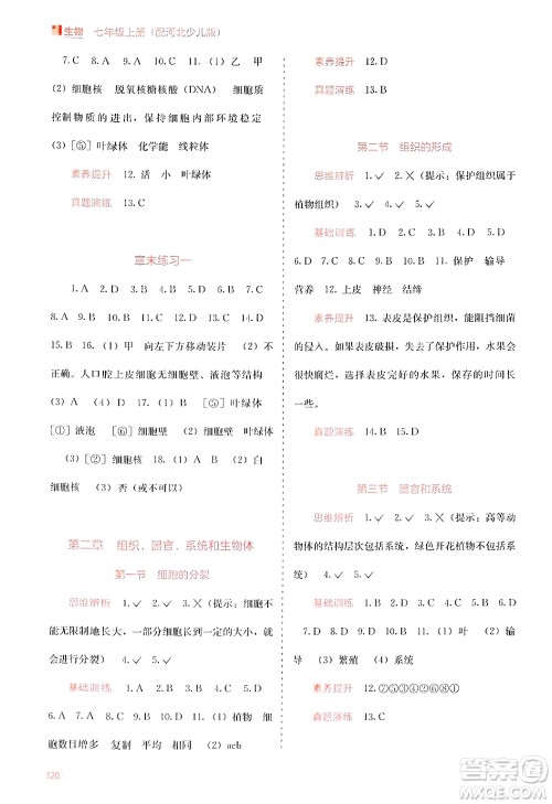 广西教育出版社2024年秋自主学习能力测评七年级生物上册河北少儿版答案