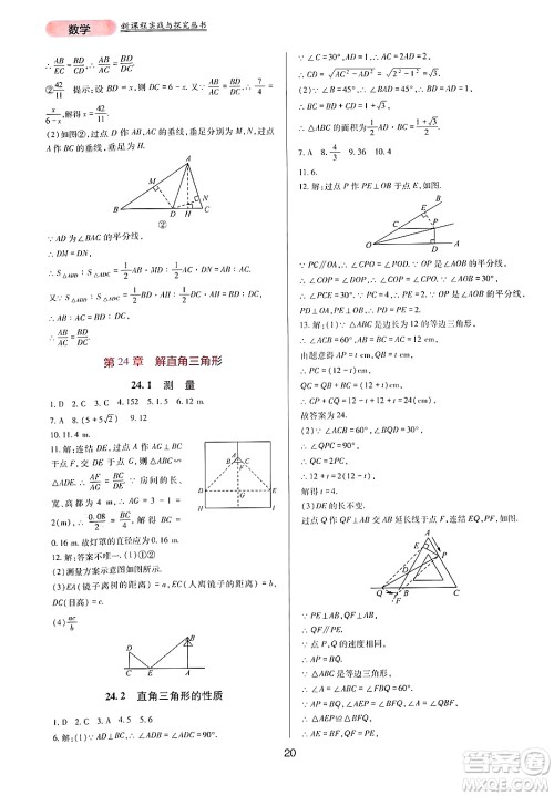 四川教育出版社2024年秋新课程实践与探究丛书九年级数学上册华师大版答案