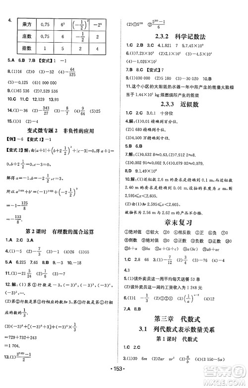 湖南教育出版社2024年秋一本同步训练七年级数学上册人教版答案