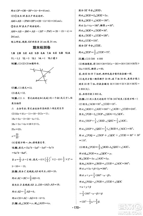 湖南教育出版社2024年秋一本同步训练七年级数学上册人教版答案