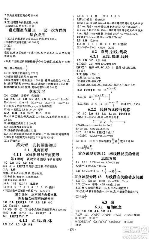 湖南教育出版社2024年秋一本同步训练七年级数学上册人教版重庆专版答案