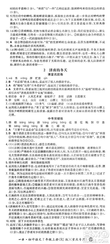 湖南教育出版社2024年秋一本同步训练七年级语文上册人教版重庆专版答案