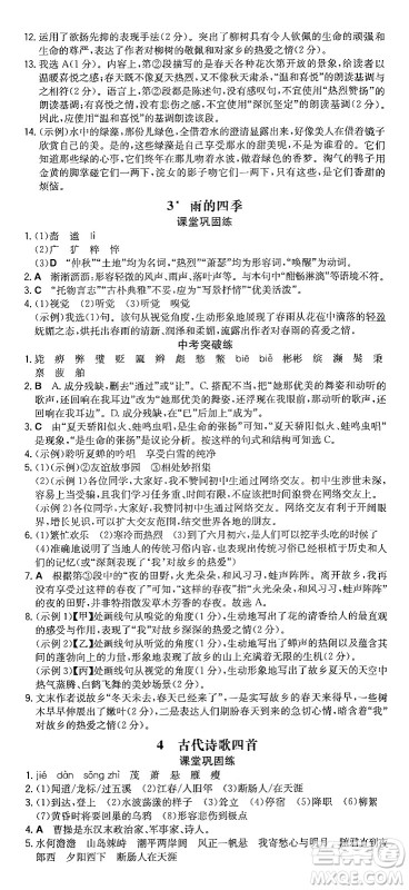 湖南教育出版社2024年秋一本同步训练七年级语文上册人教版重庆专版答案