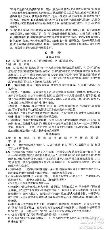 湖南教育出版社2024年秋一本同步训练七年级语文上册人教版重庆专版答案