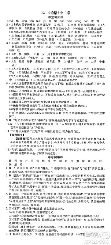 湖南教育出版社2024年秋一本同步训练七年级语文上册人教版重庆专版答案