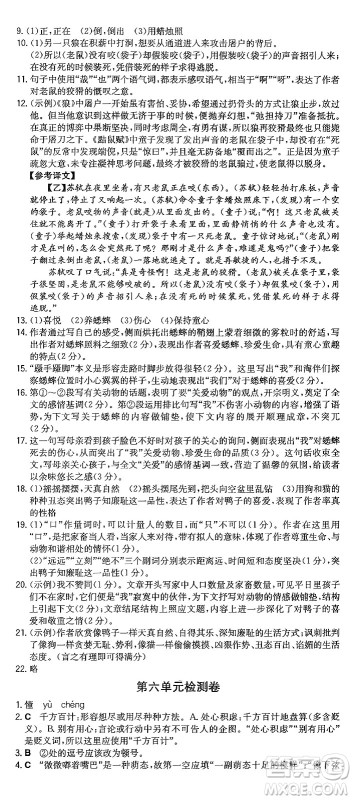 湖南教育出版社2024年秋一本同步训练七年级语文上册人教版重庆专版答案