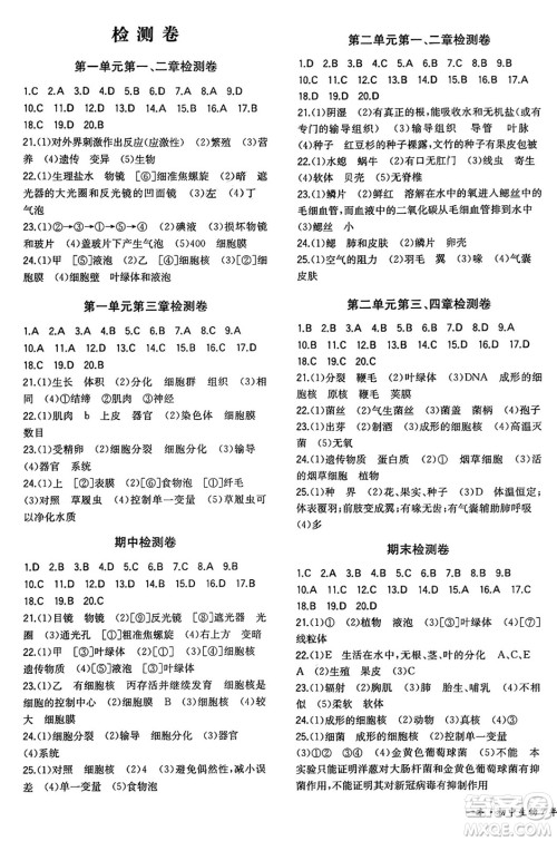 湖南教育出版社2024年秋一本同步训练七年级生物上册人教版答案 湖南教育出版社2024年秋一本同步训练七年级生物上册人教版答案