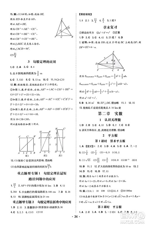 湖南教育出版社2024年秋一本同步训练八年级数学上册北师大版答案