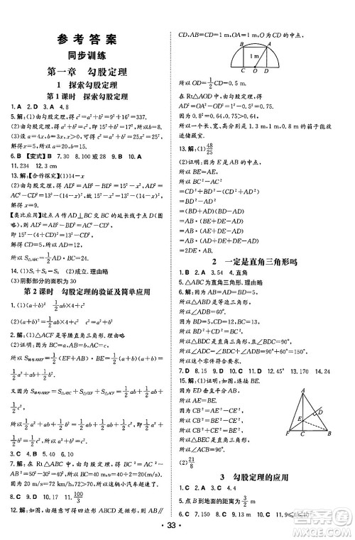 湖南教育出版社2024年秋一本同步训练八年级数学上册北师大版陕西专版答案