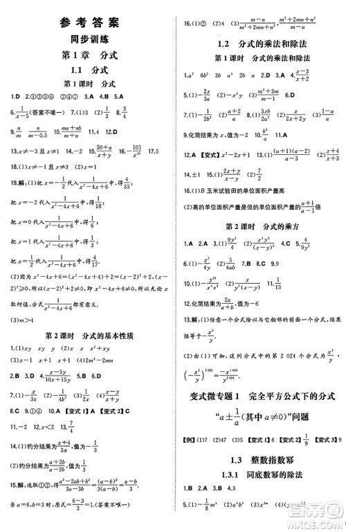 湖南教育出版社2024年秋一本同步训练八年级数学上册湘教版湖南专版答案