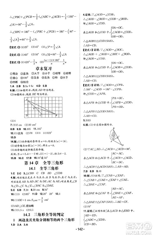 湖南教育出版社2024年秋一本同步训练八年级数学上册沪科版安徽专版答案