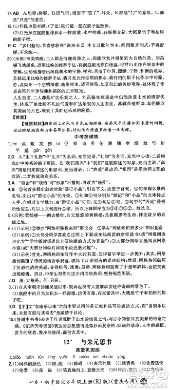 湖南教育出版社2024年秋一本同步训练八年级语文上册人教版重庆专版答案