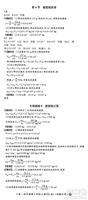 湖南教育出版社2024年秋一本同步训练八年级物理上册人教版安徽专版答案