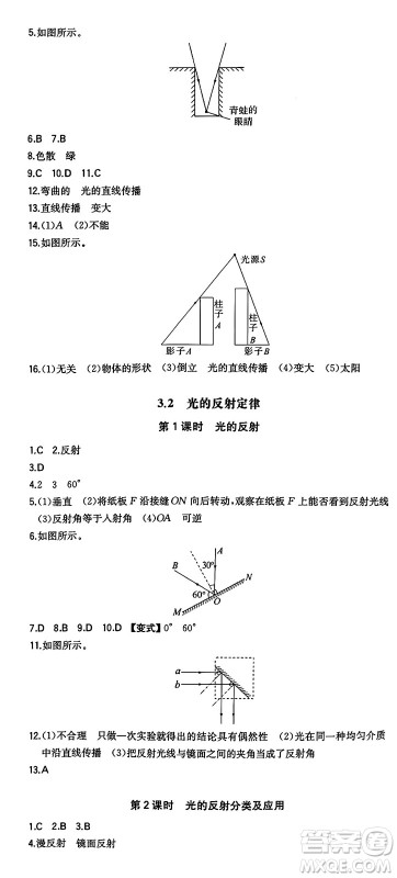 湖南教育出版社2024年秋一本同步训练八年级物理上册沪粤版答案