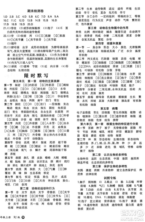 湖南教育出版社2024年秋一本同步训练八年级生物上册人教版答案 湖南教育出版社2024年秋一本同步训练八年级生物上册人教版答案