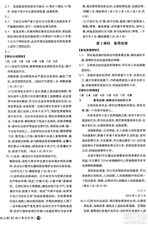 湖南教育出版社2024年秋一本同步训练八年级道德与法治上册人教版重庆专版答案