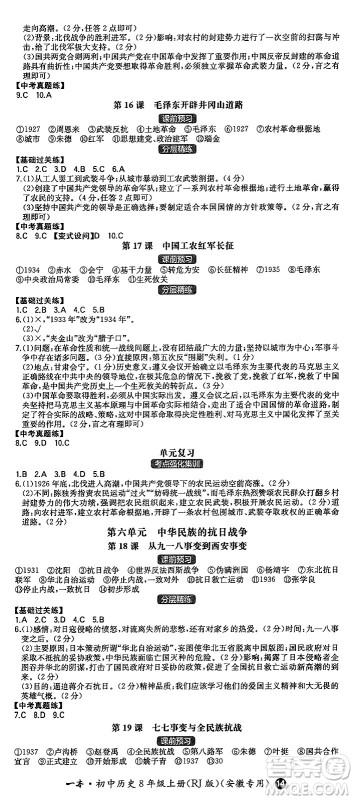 湖南教育出版社2024年秋一本同步训练八年级历史上册人教版安徽专版答案