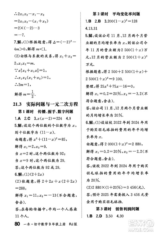 湖南教育出版社2024年秋一本同步训练九年级数学上册人教版辽宁专版答案